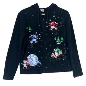 Essentials by Maggie Fleece Jacket Womens S Black Holiday Penguin Embroidered